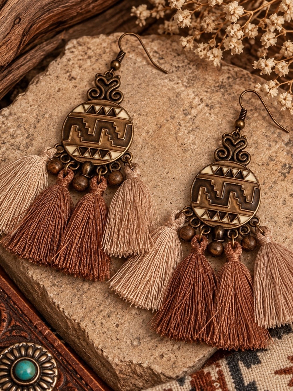 Bohemian Tassel Drop Earrings - Bronze with Brown & Beige Tassels New